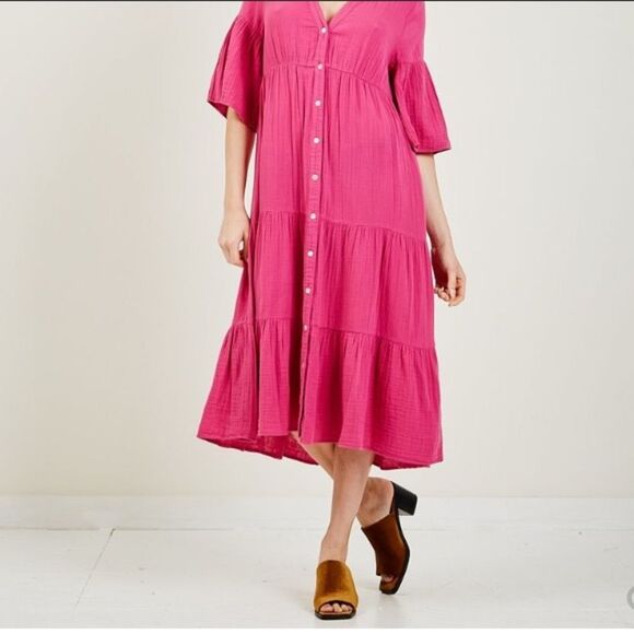 Xirena 100% Cotton Gauze Bell Sleeve Pink Tiered Midi Kendall Dress with Pockets - Picture 8 of 9